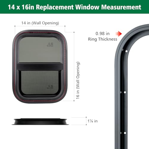 Dulepax Vertical RV Window, 14" W x 16" H Tinted Slide Trailer Window, Tempered Glass Camper Window Replacement with Net Screen and Trim Ring, DOT Approved - size: Vertical 14"x16"