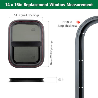 Dulepax Vertical RV Window, 14" W x 16" H Tinted Slide Trailer Window, Tempered Glass Camper Window Replacement with Net Screen and Trim Ring, DOT Approved - size: Vertical 14"x16"