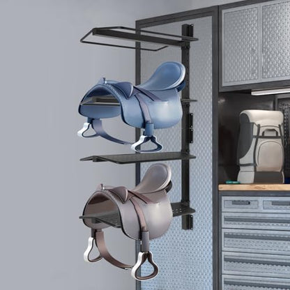 Saddle Rack 4 Tier Wall Mounted, Heavy Duty Saddle Storage Rack for Tack Room Barn Stable, Metal Horse Saddle Holder with Bridle Hooks, Western English Saddle Stand Organizer