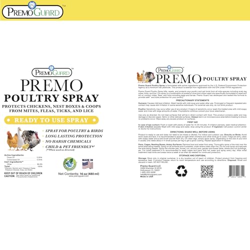 Premo Guard Natural Poultry Spray – Kills Scaly Leg Mites, Fleas, & Lice | Chicken, Duck, Geese Pests, Spray Directly on Birds and Coops, Natural Plant Based Oils, Control & Prevention - size: 16 oz