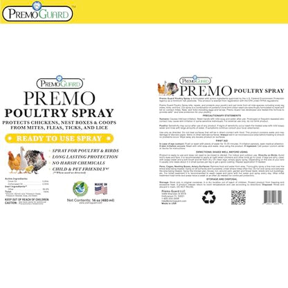 Premo Guard Natural Poultry Spray – Kills Scaly Leg Mites, Fleas, & Lice | Chicken, Duck, Geese Pests, Spray Directly on Birds and Coops, Natural Plant Based Oils, Control & Prevention - size: 16 oz