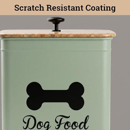 Metal Dog Food Container 5-7lb, 25 Cup w/ Airtight Bamboo Lid, Metal Handle - color: Sage Green: Bone