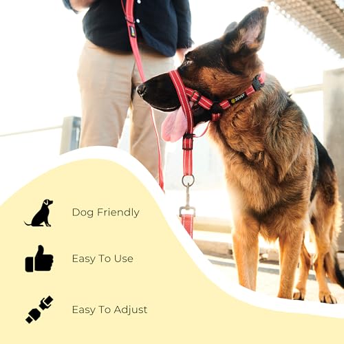 Adjustable Dog Head Halter with Safety Strap, Soft Padded Dog Head Collar for Small Medium Large Dogs, No-Pull Dog Harness for Training and Walking (Large, Red) - size: L