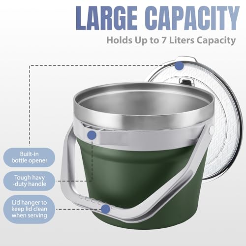 COKTIK 7L Vacuum Insulated Ice Bucket with Lid and Scoop& Tongs，Large capacity Stainless Steel Beverage Bucket for Cocktail, Champagne, Wine, Beer，Large Parties（Army Green Suit） - color: Army Green Suit