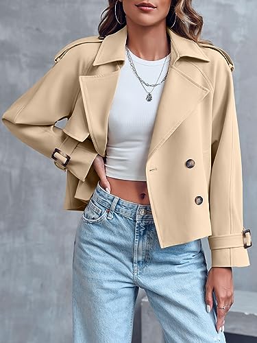 Saodimallsu Women Crop Double Breasted Trench Coat Short Cropped Jacket - color: Beige, size: Medium