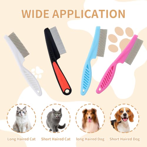 4-Pack Pet Flea Comb for Dogs & Cats - Fine Tooth Stainless Steel Grooming Comb with Non-Slip Rubber Handle, Effectively Removes Fleas, Mats & Tear Stains (Black, Blue, White & Pink)