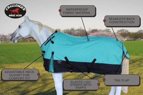 Challenger 1200D Turnout Rain Horse Sheet Light Winter Blanket Gusset 367 - color: Turquoise Black, size: 64 inches
