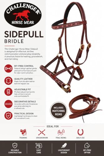 Horse Western Leather Beaded Bitless Sidepull Bridle Reins Rhinestone - color: Tan/Pink