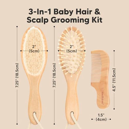 Keababies Baby Hair Brush and Comb Set and Baby Hooded Towel - Wooden Kids Hairbrush with Soft Goat Bristle - Soft Toddler Towel with Hood for Girls and Boys