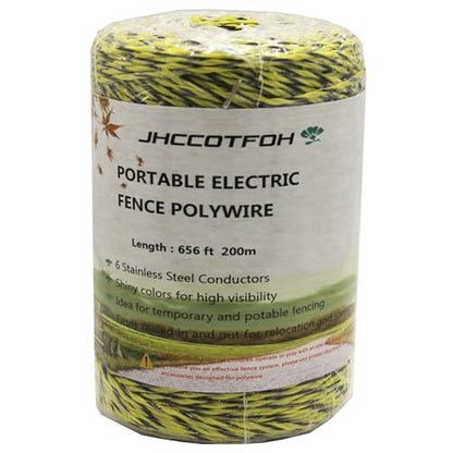 Electric Fence Polywire 656 Feet, 200 Meters 6 Conductors Portable Electric-Fence Rope for Reliable Conductivity and Rust Resistance - size: 656 Feet