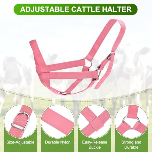 M METERXITY 2-Pack Adjustable Cattle Cow Calf Halter, 13.78"-17.7" Nylon Livestock Cow Halter with Leading Rope for Miniature Horse/Donkey/Goat/Cattle [Red/Black]