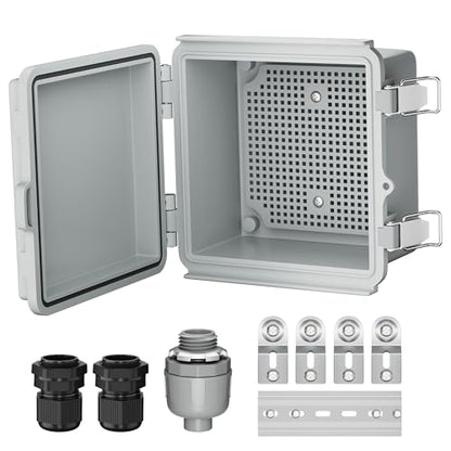 Joinfworld Outdoor Electrical Box 6X6 Junction Box | IP67 Waterproof ABS Box with Good WiFi, Stainless Latch, Aluminum DIN Rail, 3 NPT1/2 Fittings for Starlink, Pump & Home DIY - size: 5.9"x5.9"x3.5"