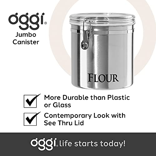 Oggi Jumbo 8" Stainless Steel Flour Clamp Canister - Airtight Food Storage Container Ideal for Kitchen & Pantry Storage of Flour or other Bulk, Dry Foods. (Pack of 3) - size: 8-Inch (Pack of 3), style: Flour Canister