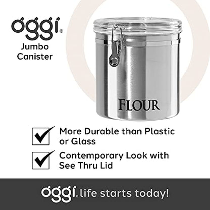 Oggi Jumbo 8" Stainless Steel Flour Clamp Canister - Airtight Food Storage Container Ideal for Kitchen & Pantry Storage of Flour or other Bulk, Dry Foods. (Pack of 3) - size: 8-Inch (Pack of 3), style: Flour Canister