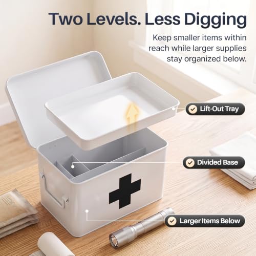 Flexzion Large Metal First Aid Box Empty, 8.5-Inch, White with Black Cross - color: White - Black Cross, size: 8.5 Inch without Latch Lock