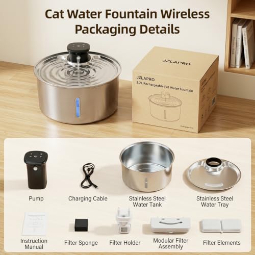 Jzlapro Wireless Cat Water Fountain,108oz Stainless Steel,Battery Operated
