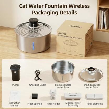 Jzlapro Wireless Cat Water Fountain,108oz Stainless Steel,Battery Operated