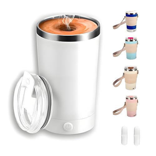 Self Stirring Coffee Mug With Lid, 13.5oz Rechargeable 316 Stainless Steel Detachable Base Auto Mixing Cup, Fast Stirring for Coffee, Milk, Cocoa （White） - color: White