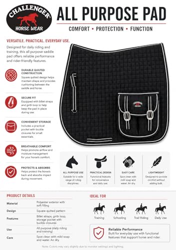 CHALLENGER Horse English Quilted Fleece Padded Dressage Saddle Pad with Pockets 72121-124 - color: Black, size: 23" Spine x 22" Drop