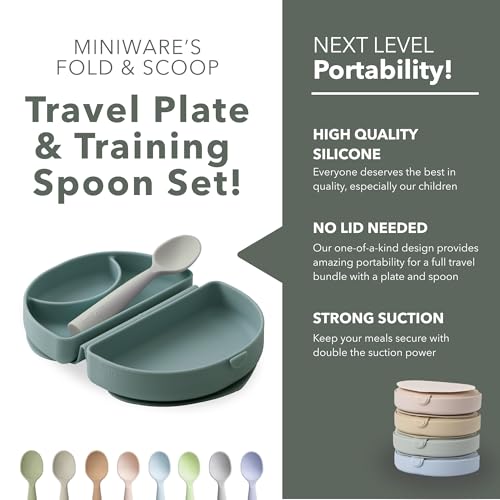 Miniware Fold & Scoop Baby Feeding Set - Silicone Travel Baby Plate With Suction & Baby Spoon - Compact, Portable, Dishwasher-Safe, Suction Base for Mess-Free Eating (Eucalyptus and Oat) - color: Eucalyptus & Oat