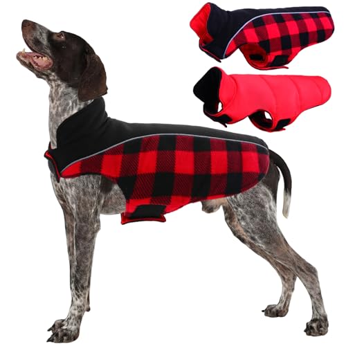 Kuoser Dog Winter Coat, Reversible Waterproof Dog Jacket with Reflective Strip, Warm Dogs Fleece Vest Adjustable Doggy Cold Weather Clothes Plaid Christmas Outfit Pet Apparel for Large Dogs, Red L - color: Red, size: Large (Chest Girth: 20.9-24.4'' )