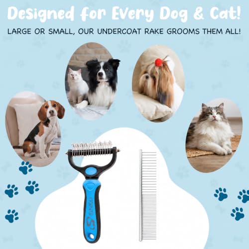 Sinko Shedding Brush for Dog and Cat, Undercoat Rake & Comb with Extra-Wide Double-Sided Stainless Steel Teeth for Deshedding, Brushing, Removing Loose Fur, Knots, Mats & Tangles in Pets (Blue) - color: Brush and comb