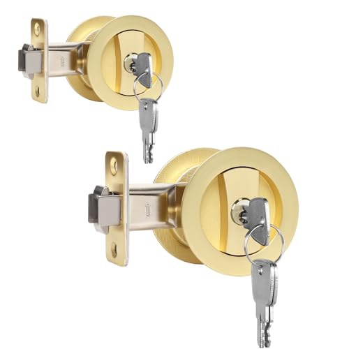 Dontay Pocket Door Keyed Lock, Round Contemporary Entrance Sliding Barn Door Lock Latch, Recessed 2 Sided, 2-3/8 inch Backset, Flush Handles Hardware(Satin Brass,2) - color: Satin Brass