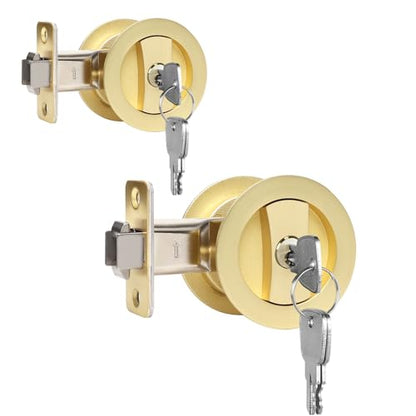 Dontay Pocket Door Keyed Lock, Round Contemporary Entrance Sliding Barn Door Lock Latch, Recessed 2 Sided, 2-3/8 inch Backset, Flush Handles Hardware(Satin Brass,2) - color: Satin Brass