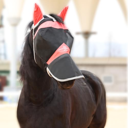 Harrison Howard Horse Fly Mask with Ears & Long Nose Cover, UV Protection, Fine Mesh Fly Mask for Horses, Large Eye Space & Soft Fleece Edging for Turnout & Grazing Orange/Black L - size: L