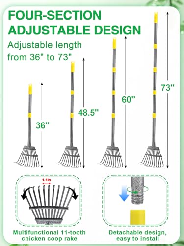 Extra Long Chicken Poop Scooper & Rake - Save-Effort 36''-76'' Long Metal 10'' Wide Scooper & 11 Tooth Rake, Chicken Coop Accessories for Efficient Cleaning