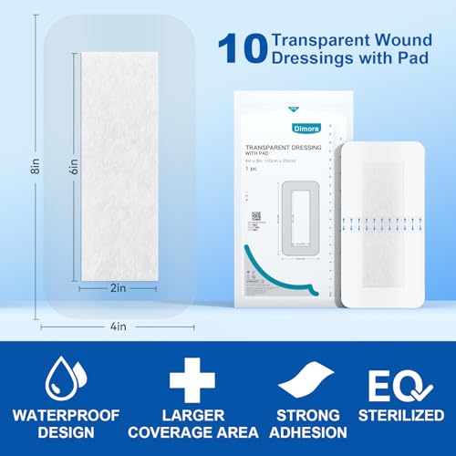 Dimora Waterproof Transparent Film Dressing with Pad, Large Clear Bandage Tape for Wound Care, Adhesive Post Surgical Cover Pad，for IV Shield, Tattoo Aftercare, Shower Protector 4x8 inch 10 Packs - size: 4x8 Inch