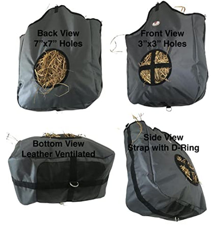 Majestic Ally Nylon Hay Feeder Tote Bag for Horse, Goat, Sheep - Double Sides Open Feed Hole with Faux Leather Ventilated Bottom- Premium Quality -Simulates Grazing - Reduces Waste (Dark Gray) - color: Dark Gray