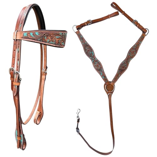 Majestic Ally Tooled Leather Western Headstall & Breast Collar Set – Handcrafted Leather, Classic Western Tack, Multiple Styles & Designs - style: 1008-NAT