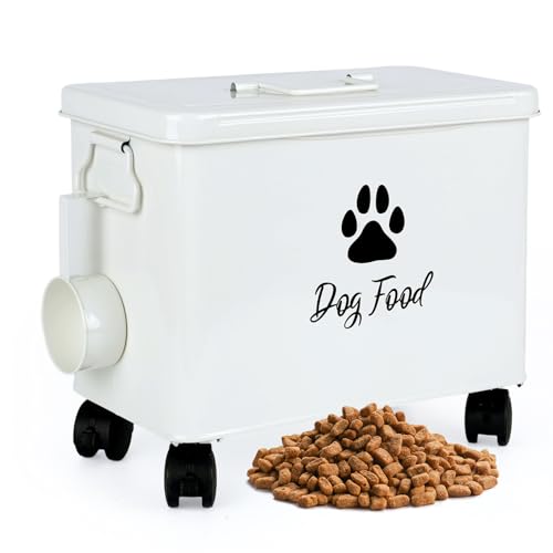 Dog Food Container 13lb, Cute Airtight Pet Food Storage Containers with Metal Lid Scoop, Black Metal Storage Bin for Dog/Cat with Wheels,Easy to Move White - color: White-L