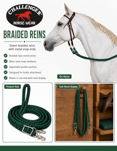 CHALLENGER Roping Knotted Horse Tack Western Barrel Reins Nylon Braided 8 Ft. Purple Snaps 60709 - color: Hunter Green