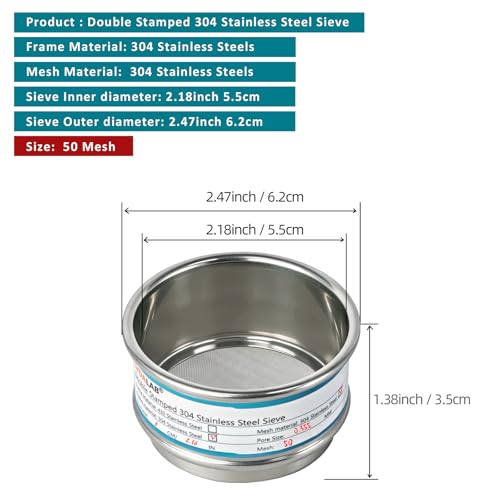 Full 304 Stainless Steel Mesh Sieve Screen, LVDALAB 50 Mesh (0.355mm) Aperture, 2.4inch(6CM) Dia Standard Sample Analysis Test Sieves Sifters Strainer for Industrial Laboratory Homes - size: 50 Mesh(0.355mm)/Ф2.4in(6CM)