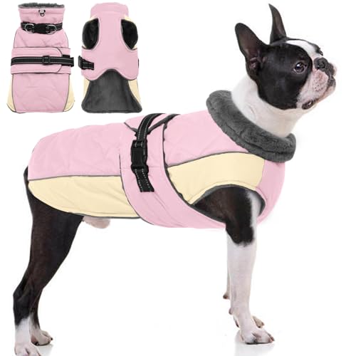 QBLEEV Warm Dog Jacket, Waterproof Dog Winter Coat with Harness - color: Pink, size: Medium