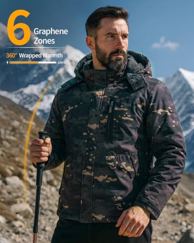 Wulcea Graphene Heated Jacket for Men Fur Lined with Large Capacity Battery Pack - color: Camo Black Fur Lined, size: Large