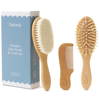 Natemia Wooden Baby Hair Brush & Comb Set - Natural Goat Hair Bristles & Soft Bristle Brush - Gentle Scalp Massage & Cradle Cap Comb - For Newborns & Toddlers, Baby Grooming Kit - size: 3 PC Set, Oval