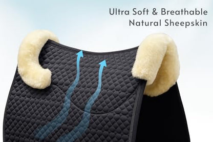 Woolous Dressage Saddle Pad, English Saddle Pad with Sheepskin Trim, Lambskin Wool Fleece Lining, Square Saddle Pad for Equestrian Riding, Comfortable & Shock Absorbing - color: Black/Beige