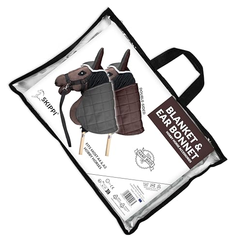 SKIPPI Reversible Blanket and Fly Cover - Grey and Brown, Two Tone Hobby Horse Blanket and Fly Ears, Fits Most Horses A3 and A4