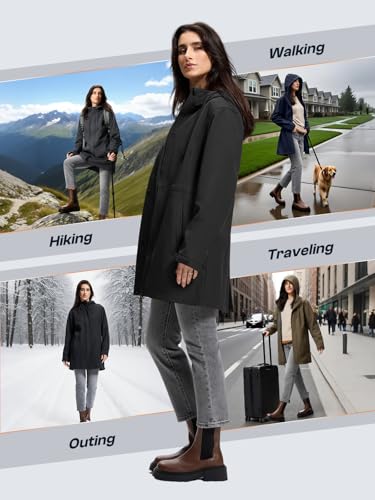 SaphiRose Women's Waterproof Rain Jacket with Fleece Lining Hooded Windbreaker Long Warm Outdoor Softshell Coat - color: Black, size: XX-Large