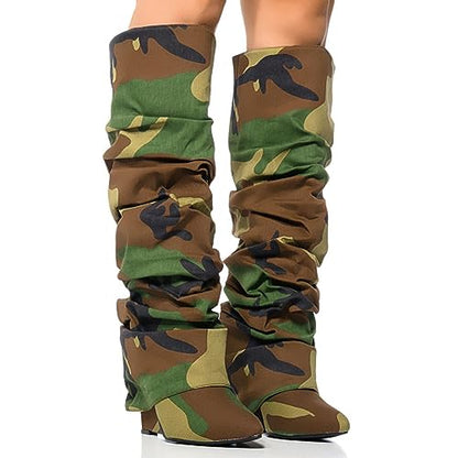 Yishaweiqi Slouched Ruched Fold Over Boots for Women Covered Wedge Heel Patent Leather Knee High Boots Wide Calf Pointed Toe Casual Boots - color: Camouflage, size: 8
