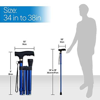 RMS Folding Cane, Adjustable, Lightweight Offset Walking Cane | Aluminum Collapsible Walking Stick with Ergonomic Derby Handle, cane folds for travel and storage - color: Blue