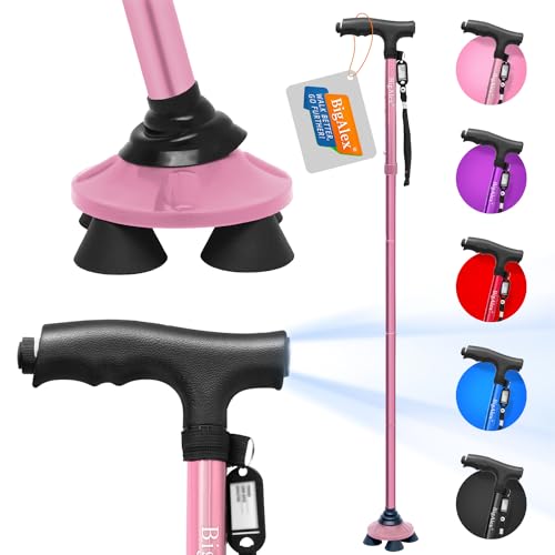BigAlex Folding Walking Cane with LED Light,Pivoting Quad Base,Adjustable Walking Stick with Carrying Bag for Men/Women - color: Pink(4'9"-5'6")