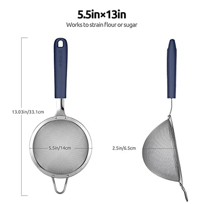 18/8 Stainless Steel Mesh Strainer: U-Taste 5.5 Inch Kitchen Fine Mesh Sieve Food Colander with Riveted Sturdy Silicone Handle and 30 Mesh Hole for Straining Flour, Pasta, Fruit, Quinoa(Midnight Blue) - color: (3) Midnight Blue, size: Medium (5.5 x 13 in)