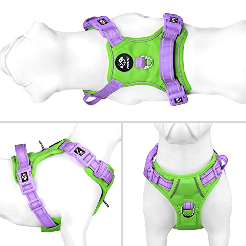 PHOEPET No Pull Dog Harness, Unique Colors Reflective Adjustable Dog Vest - color: Green Base & Purple Straps, size: Extra Large