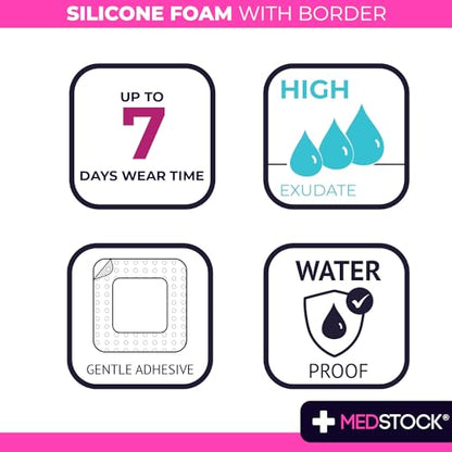 MEDSTOCK Silicone Foam Dressing with Border, 3"x3" (Pack of 10), Wound Care, Super Absorbent, Atraumatic Removal, Five Layers, Waterproof, Seals Wound Edges, No Adhesion Loss - size: 3"x3" (Pack of 10)