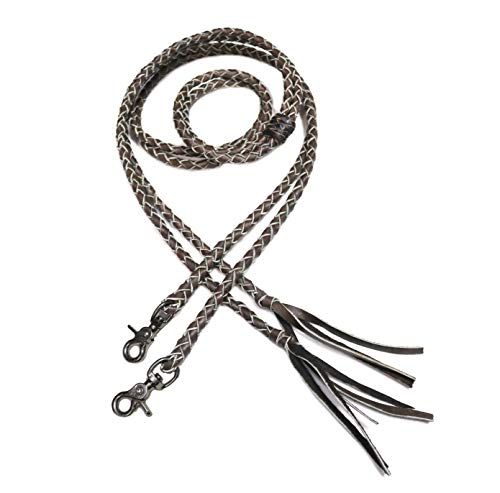 M-Royal Saddles Western Braided Split Reins – 4 Plait Brown Leather Horse Reins with Tassels & Quick Release Snaps, 7 FT x 3/8"
