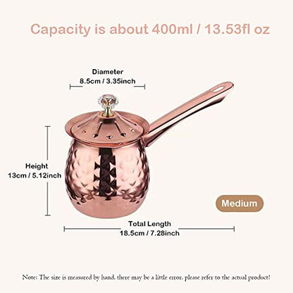 Hammered Stainless Steel Turkish Coffee Pot - 13.5 Oz, 400 Ml - Cezve Ibrik with Handle and Lid, Rose Gold, Stovetop Maker - color: Rose Gold, size: 13.5 Ounces